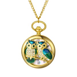 JewelryWe Pocket Watch with Carabiner Keychain: Men Women Carabiner Watch Analogue Quartz Pocket Watch Fob Watch with White Round Digital Dial, Double Owls - Gold, Vintage