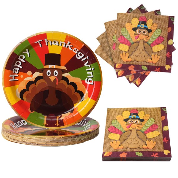 KTCNMER 50 Pcs Thanksgiving Plates and Napkins Sets Thanksgiving Turkey