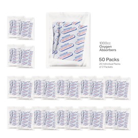 1000cc (25 Bags of 2 Packets, Total 50 Packets) Oxygen Absorbers for Food Storage, Food Grade Oxygen Absorbers Packets with Oxygen Indicator for Long Term Storage and Preservation(1000CC(50-Pack))