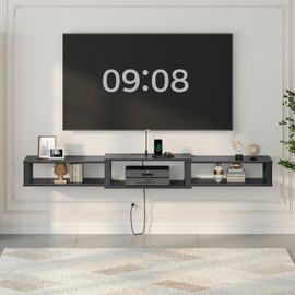 MAHANCRIS Floating TV Stand with Power Outlet, Wall-Mounted Entertainment Console Center with Storage, Floating TV Shelf for Under TV Storage, for Living Room, Bedroom, Black TVBK103E01