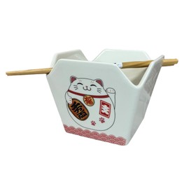 Urban Tokyo Chinese Takeout Box Style Porcelain Bowl With Chopsticks 18 fl oz Square Box Shape Rice Noodles Pasta To Go Box Shaped Bowl Microwave Dishwasher Safe (Lucky Cat)