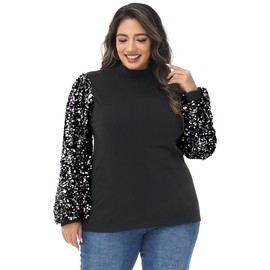 Anna-Kaci Women's Plus Size Sparkle Sequin Sweatshirt Mock Neck Pullover Long Sleeve Glitter Party Tops, Black and Silver, 1XL