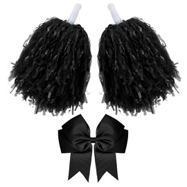 Hotop 3 Pcs 10 in Cheerleading Pom Poms and Large Cheerleader Hair Bow for Girl Cheer Pompoms Cheerleading Accessories for Sport Events Dance Party Basketball Football Team (Black,Classic)