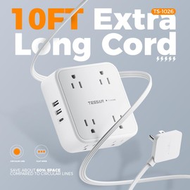Flat Plug Power Bar with USB C, TESSAN 10 Ft Extension Cord Indoor with 8 Multi Outlets and 3 USB (1 USB C), Surge Protector Power Strip, Wall Mount Charging Station for Home Office Dorm, White