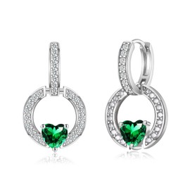 VYYU Silver Hoop Earrings for Women Girls, Convertible Link Earrings with Heart Shaped Cubic Zirconia, Link Drop Dangle Earrings with Double Hoop | Sleeper Hypoallergenic Earrings Jewellery, Green