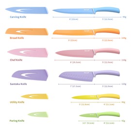 hecef Colorful Knife Set, 6 Pieces with Covers, Dishwasher Safe, Stainless Steel Colour Coded Non-Stick Cooking Knives Including Paring, Utility, Bread, Carving