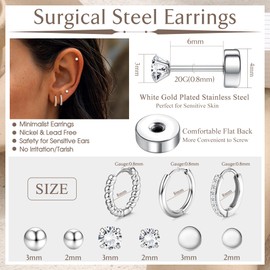 LOYALLOOK Flat Back Earrings for Women Men Silver Cartilage Earring Sets for Multiple Piercing 20G Stainless Steel Earrings Hypoallergenic Small Hoop Ball CZ Flatback Stud Earrings 8MM