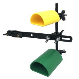 TUOREN Percussion Jam Block with Mounting Bracket Kit Include Plastic 3.3inch Yellow Cow Bell, Low Pitch 4.3inch Green Cowbell, Drum Set Cowbell Clamp and 3/8inch Straight Rod