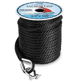 YOUNG MARINE Made 3/8 Inch 100FT 150FT Premium Solid Braid MFP Anchor Line Braided Anchor Rope/Line with Stainless Steel Thimble and Shackle, Black (3/8" x 100')