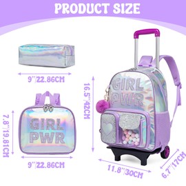 HTgroce Rolling Backpack with Wheel,School Backpack for Kids Girl Roller Schoolbag Wheeled Backpacks Set Carry-on Luggage,Purple