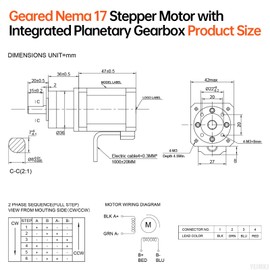 YEJMKJ 19.19:1 Geared Nema 17 Stepper Motor with Integrated Planetary Gearbox 1.8‌°‌ 2 Phase High Torque 0.55Nm(77.89oz·in) Bipolar 1.7A 2Ω 83mm 4-Lead Shaft 20mm φ8mm Cable 1M 3D Printer DIY CNC