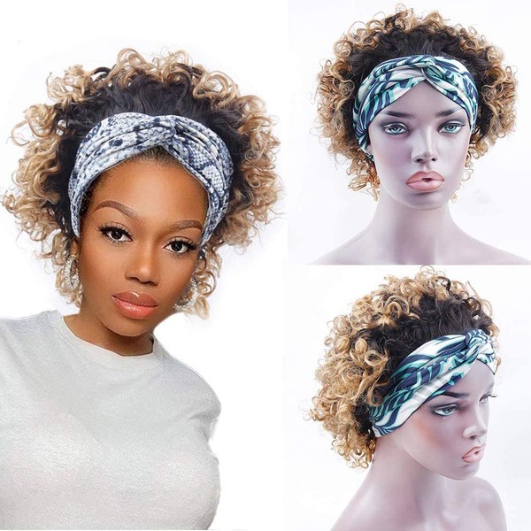Ombre Headband Wig Curly for Women Afro Style Curly Ombre Blonde Human Hair Machine Made Glueless Short Color Wigs (10 Inch Ombre Curly Headband Wig)