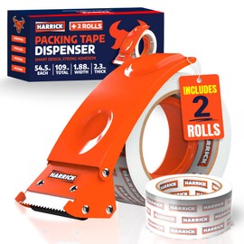 Clear Packing Tape with Dispenser 1.88 inch - Metal Strong & Durable Heavy Duty Packing Tape with Dispenser - Strong Strapping Tape with Dispenser Easy Tear & Seal - 2 Rolls / 1 Dispenser / 109 Yards
