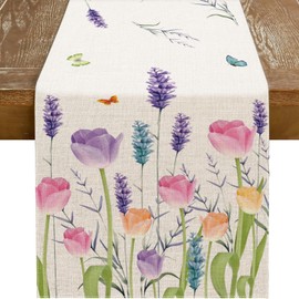 Girlly Spring Tulip Lavender Table Runner 13x72 Inch Floral Hello Spring Spring Seasonal Anniversary Holiday Kitchen Dining Table Decoration for Indoor Outdoor Home Party Decor