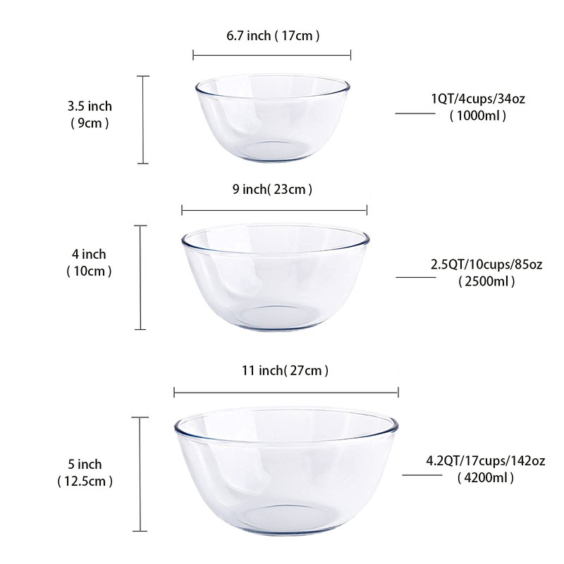 Homwin Glass Mixing Bowl Set for Baking 3-Piece Salad Bowl
