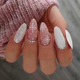Christmas Press on Nails Medium Almond SWEKKE Fake Nails Pink Full Cover White Snow False Nails with Rhinestones Designs Sliver Glitter Glossy Glue on Nails Artificial Nails for Women Girls 24Pcs