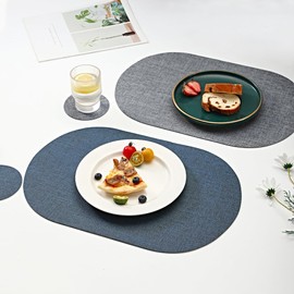 Oval Table Mats Set of 6, Faux Leather Placemats, Heat Resistant & Waterproof(Navy/Grey)