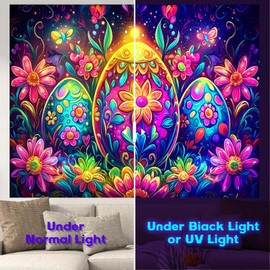 NYZE Blacklight Tapestry Easter Egg Backdrop Bunny Rabbit Party Banner Wall Hanging Decorations Large Fabric Background for Jesus Spring Party Banner Easter Backdrop Bedroom Dorm Decor 79x59 In
