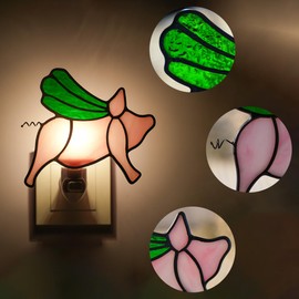 BOXCASA Flying Pig Stained Glass Decor Warm Yellow Plug in Night Light with Bulb,Night Lights Plug Into Wall Decorative Led Lamp,Night Lights for Bedroom Kitchen Bathroom Kids Room
