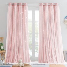 PONY DANCE Star Curtains for Bedroom - Double Layer Sheer Overlay with Bowknot Lace for Nursery Room Decor Princess Star Hollow Out, 52" W x 84" L, Rose Blush, 2 Pieces