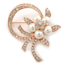 Bridal Crystal, Similutated Pearl Flower Brooch In Rose Tone Gold - 50mm Across