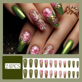 Coffin Press on Nails Medium Long Fake Nails Green Acrylic Nails Spring Flower False Nails 3D Embossed Pearl Designs Gloss Glitter Glue on Nails Full Cover Stick on Nails for Women Girls 24Pcs
