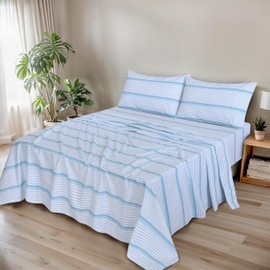 RUVANTI 100% Organic Cotton Sheets - Queen Sheet Set - Certified for GOTS - Breathable & Comfortable - Soft & Cooling Percale Bed Sheets Queen Size - Deep Pocket 15" - 4 Pcs - Nautical Stripes