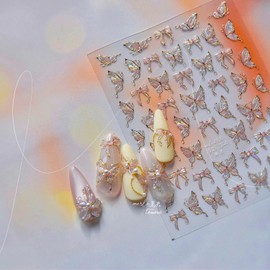 Butterfly Nail Stickers for Nail Art, Aurora Light Shell Butterfly Nail Decals 5D Embossed Pink Fluttering Butterflies Bow Spring Nail Art Supplies for Women Girls (1Sheet)