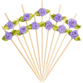 Minisland Purple Rose Flower Cocktail Picks, 4.7 Inch Long Bamboo Fancy Toothpicks for Appetizers, Decorative Bridal Wedding Valentines Party Food Drinks Fruit Kabob Skewer Sticks 100 Counts -MSL226