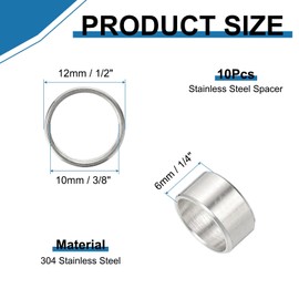 PATIKIL 304 Stainless Steel Spacer, 10 Pcs Round Metal Spacer 3/8" Bore x 1/2" OD x 1/4" Length Unthreaded Screw Standoff Bushing for 3/8" ID Screws Bolts and Rods