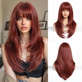 Esmee Long Straight Reddish Brown Wigs for Women with Fringe Natural Synthetic Hair Wig for Daily Use & Party