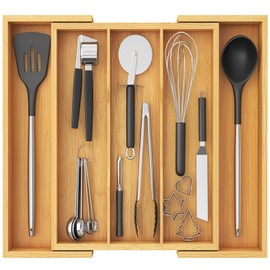 Lifewit Utensil Organizer for Kitchen Drawer, Expandable Cooking Utensil Tray, Cutlery Silverware Flatware Holder, Wood Adjustable Spatula Tools Storage Divider, 13-22x15/ 33-56x38cm, Natural