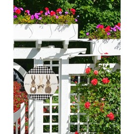 Seasonal Front Door Welcome Sign, Happy Easter Bunny Rabbit Black White Buffalo Plaid Round Wood Wreaths Wall Hanging Sign for Outdoor Porch Wall Pediments Home Decor