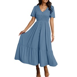 Simplee Womens Summer Smocked Flowy Dress - Casual Flutter Sleeve Tiered Boho Maxi Dresses with Pockets Dusty Blue M