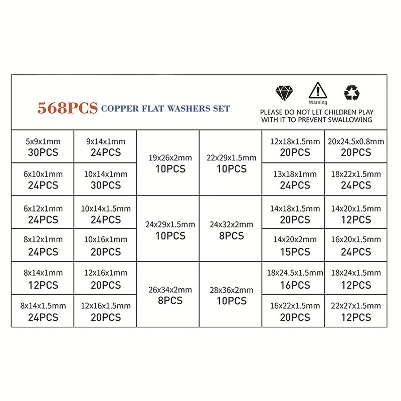 568pcs 30 Values Metric Copper Flat Ring Washer Gaskets Assortment