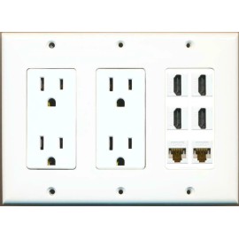 Wallplate City 2 x 15A Duplex Power Outlets 4 HD 2 CAT6 Wall Plate White