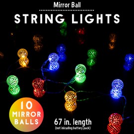 Fizz Creations Disco Mirror Ball String Lights. 67 Inch Length of Dazzling Mirror Balls. Includes 10 Vibrant Multi-Colored LED Lights. Battery Operated. Disco Party Decorations.