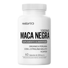 Restart Maca Negra Orgánica Peruana + L-Citrulina | Black Maca Premium 1000mg por Porción | Suplemento Natural Hombre | Vitaminas para Hombres & Multivitamínico | 60 Cápsulas Vegetales