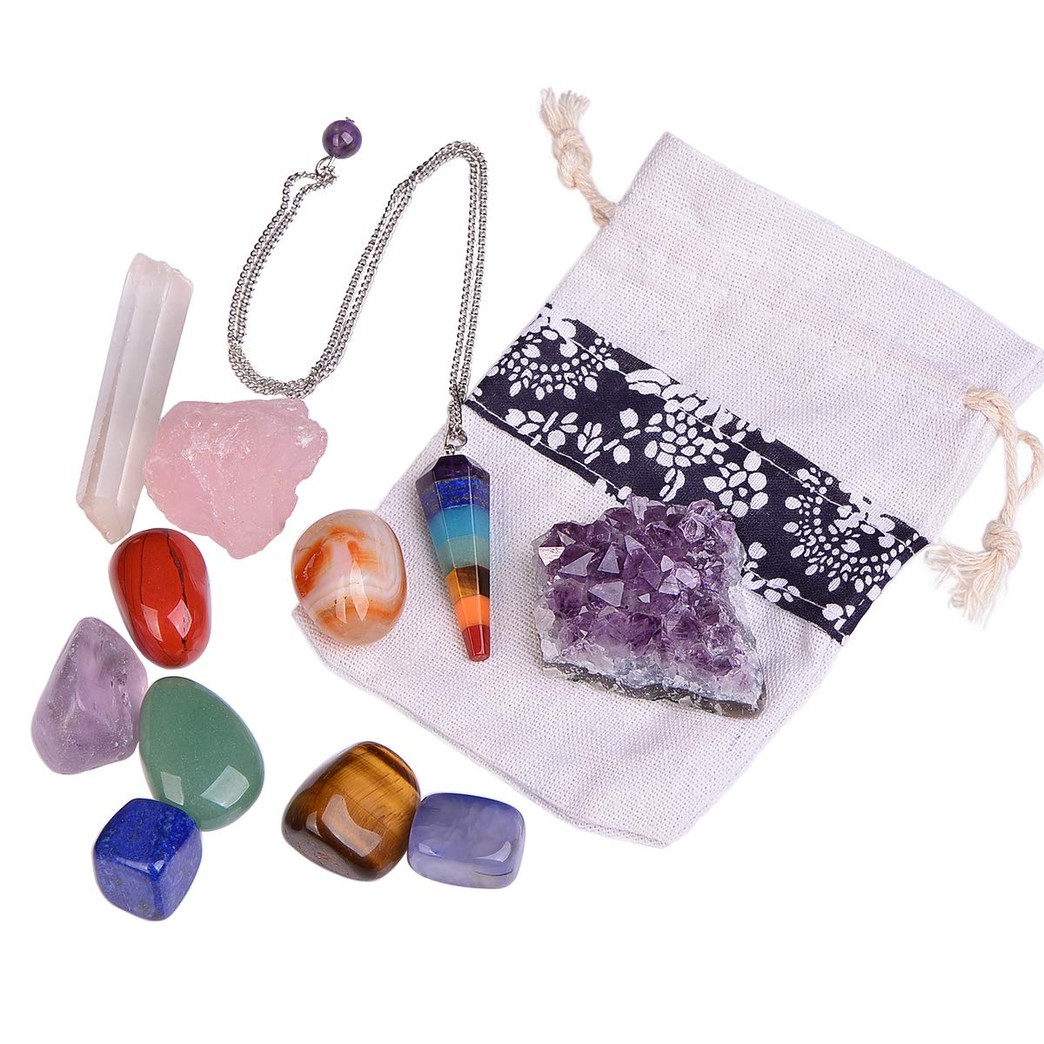 11 pcs Chakra Crystal Healing Kit/Lot of 7 Chakra tumbles, Crystal Quartz Pendulum, Amethyst Cluster, Raw Rose Quartz, and Crystal Point/Bohemian Meditation Set