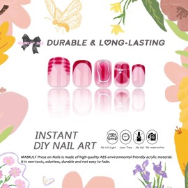 French Tip Press on Nails Short Square MABKJLF Rose Pink Fake Nails Flower False Nails with Silver Curve Line Designs Petite Glossy Glue on Nails Acrylic Nails for Women Girls 24Pcs