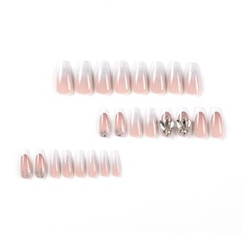 JUSTUSNX 24pcs Square Rhinestone Fake Nails Pink White Gradient False Nails Butterfly Sequins Press on Nails for Women and Girls (B)