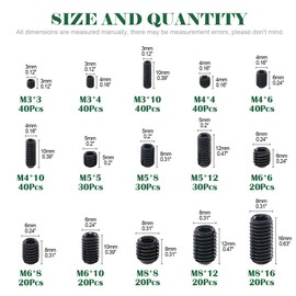 Keadic 450Pcs Internal Hex Drive Cup-Point Screw Assortment Kit - 15 Sizes Alloy Steel Hex Socket Set Cap Point Grub Screws, M3 M4 M5 M6 M8, Black