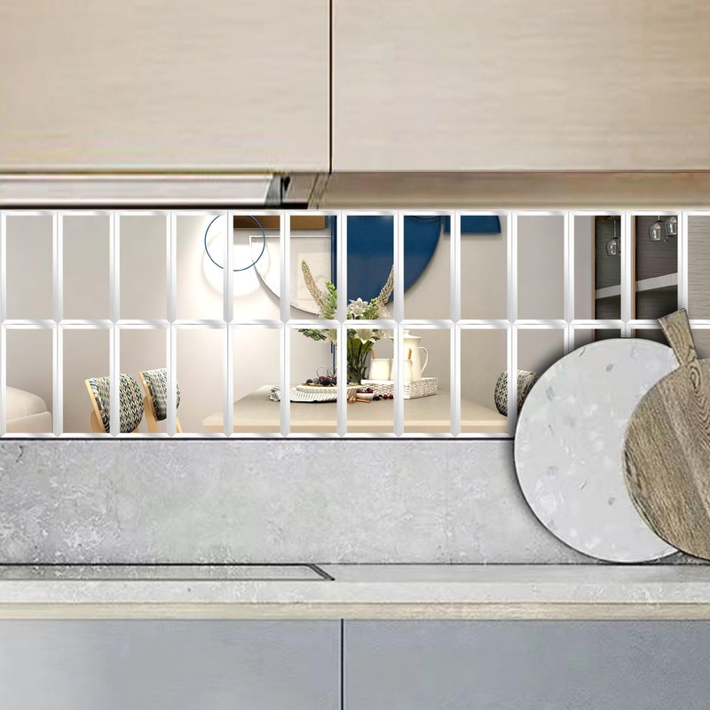 40 Pcs Peel and Stick Beveled Mirror Glass Tile.6x3 Inch
