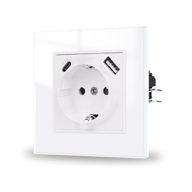 JIMEIDA Glass Socket with USB White Flush-Mounted, USB A and Type C Port Max. 2.1 A, 16 Amp Tempered Glass Panel Socket 86 mm x 86 mm, 1 Compartment, 250 V