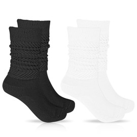 Telooco 2 Pairs Women Slouch Socks Soft Stacked Scrunch Socks 80s Neon Extra Long Stack Socks Thigh High Boot Socks Scrunchie Socks Size 9-11(Black, White)
