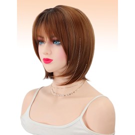 Webshaiy Layered Bob Wig with Fringe, Short Straight Wig with Undetectable Matte Fibre for Thinning Hair Daily Wear,Chemo Safe Lightweight Synthetic Mommy Wigs for Mature Women Ombre Auburn Mix Blonde