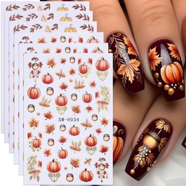 Pumpkin Nail Art Stickers Fall Maple Leaf Nail Decals 6PCS Maple Leaves Pumpkin Nails Design 3D Self-Adhesive Nail Art Supplies Fall Stickers for Nails Thanksgiving Day Women DIY Manicure Decorations