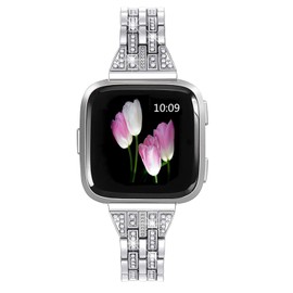 Mtozon Metal Bands Compatible with Fit bit Versa/Versa 2/Versa Lite, Replacement Metal Rhinestone Bling Bracelet Wristband for Women, Silver