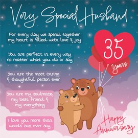 Hunts England - Husband 35th Anniversary Card - Starry Night - Cute Bears - Verse 35th Anniversary Card For Husband - Cute Poem Husband Anniversary Card - Romantic Happy 35th Anniversary Husband Card