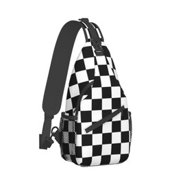 LAKUERVI Plaid Chest Sling Bag Geometric Checkered Plaid Pattern Black White Crossbody Shoulder Backpack Adjustable Lightweight Travel Hiking Casual Daypack for Men Women